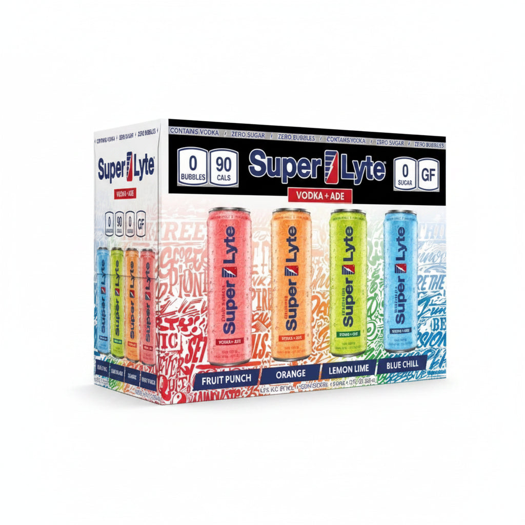 Front view of the colorful Super Lyte Vodka Ade 8 Pack with branding on a white background