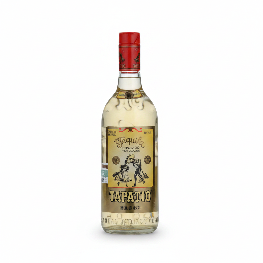 Front view of Tapatio Reposado Tequila bottle with a red cap and gold label