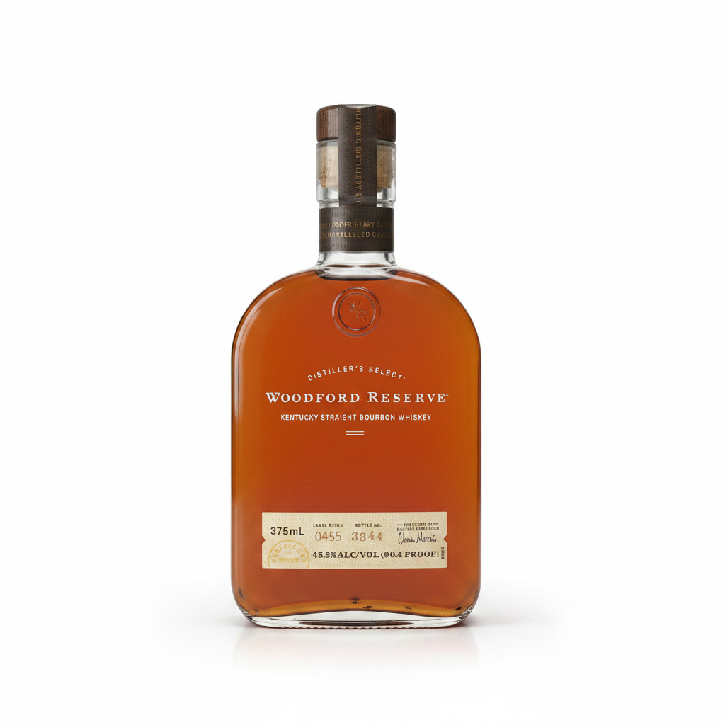 Front view of the Woodford Reserve bourbon bottle with a curved glass design and wooden cap.