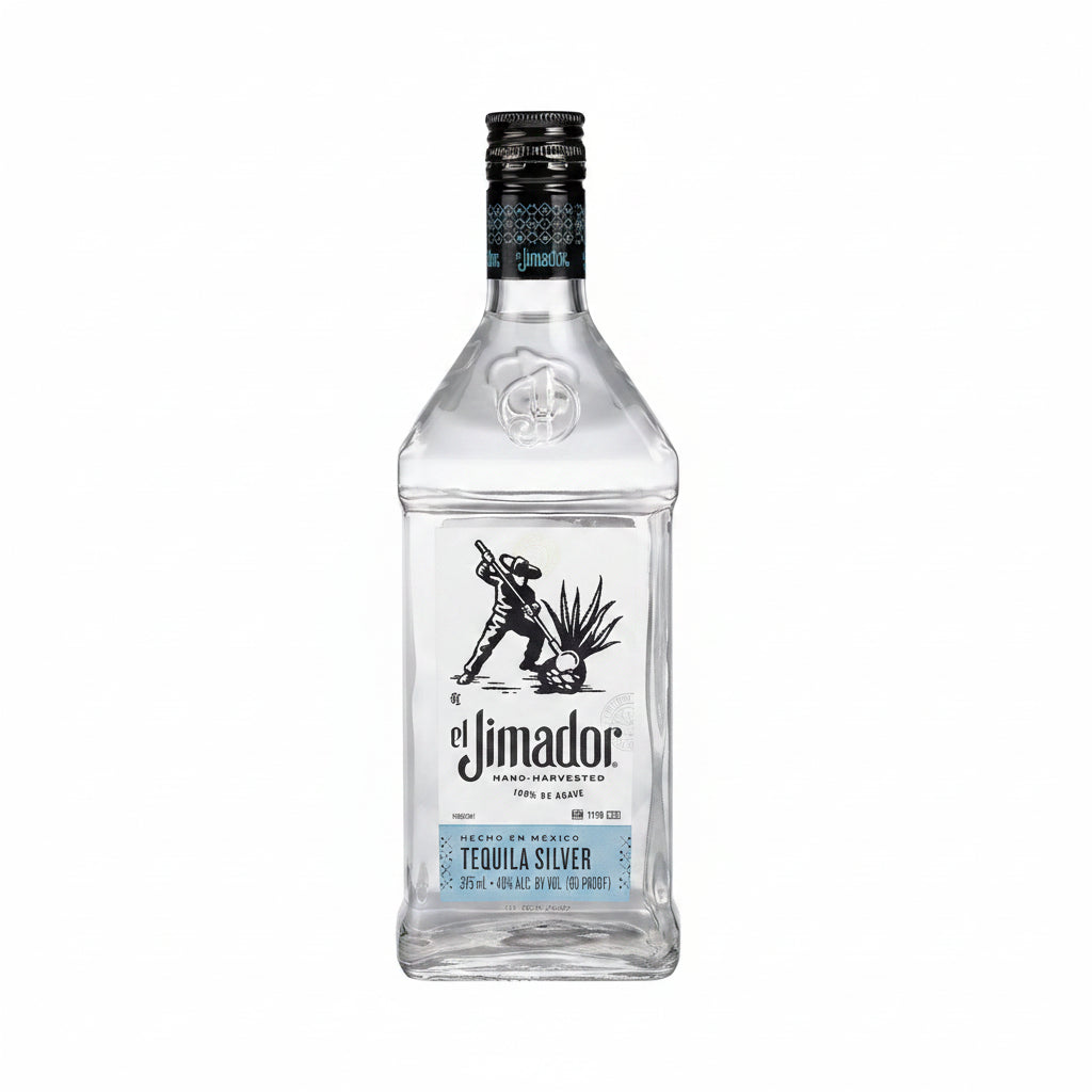 Front view of el Jimador Silver Tequila bottle with a clear, transparent design and black cap.